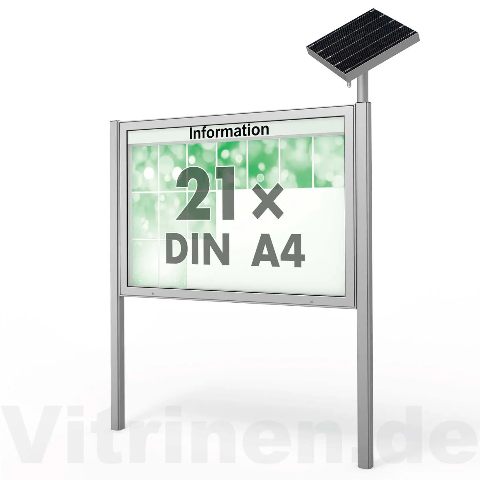 21 x DIN A4 Schaukasten Plenum eckig - der "Klassiker" mit Solar-Modul und Pfosten - Bautiefe 65mm