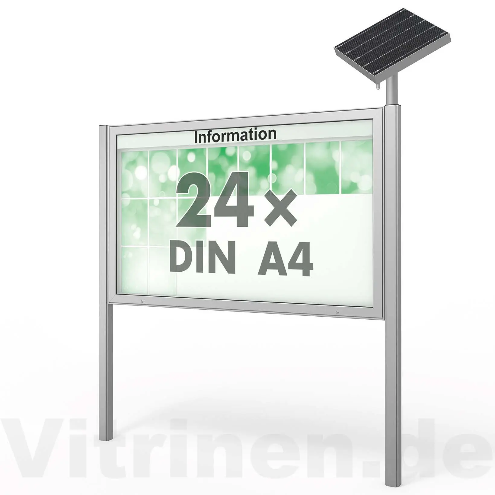 24 x DIN A4 Schaukasten Plenum eckig - der "Klassiker" mit Solar-Modul und Pfosten - Bautiefe 65mm