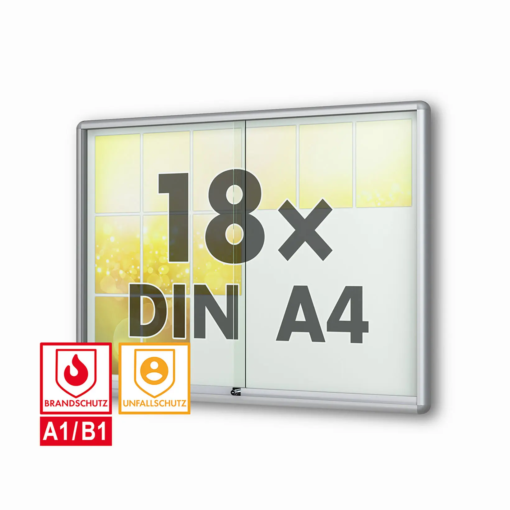 18 x DIN A4 Schaukasten Moveo - "die Schulvitrine" - 50 mm Bautiefe - mit Brandschutzklasse A1 - Rollengelagerte Schiebetüren✓ abschließbar✓ ESG-Sicherheitsglas✓
